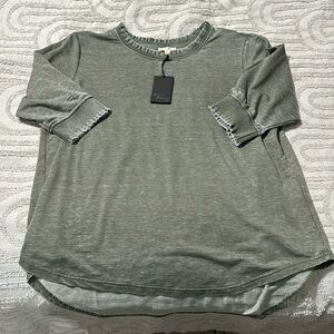 NWT June and Delancey olive top with ruffle neckline and arm details